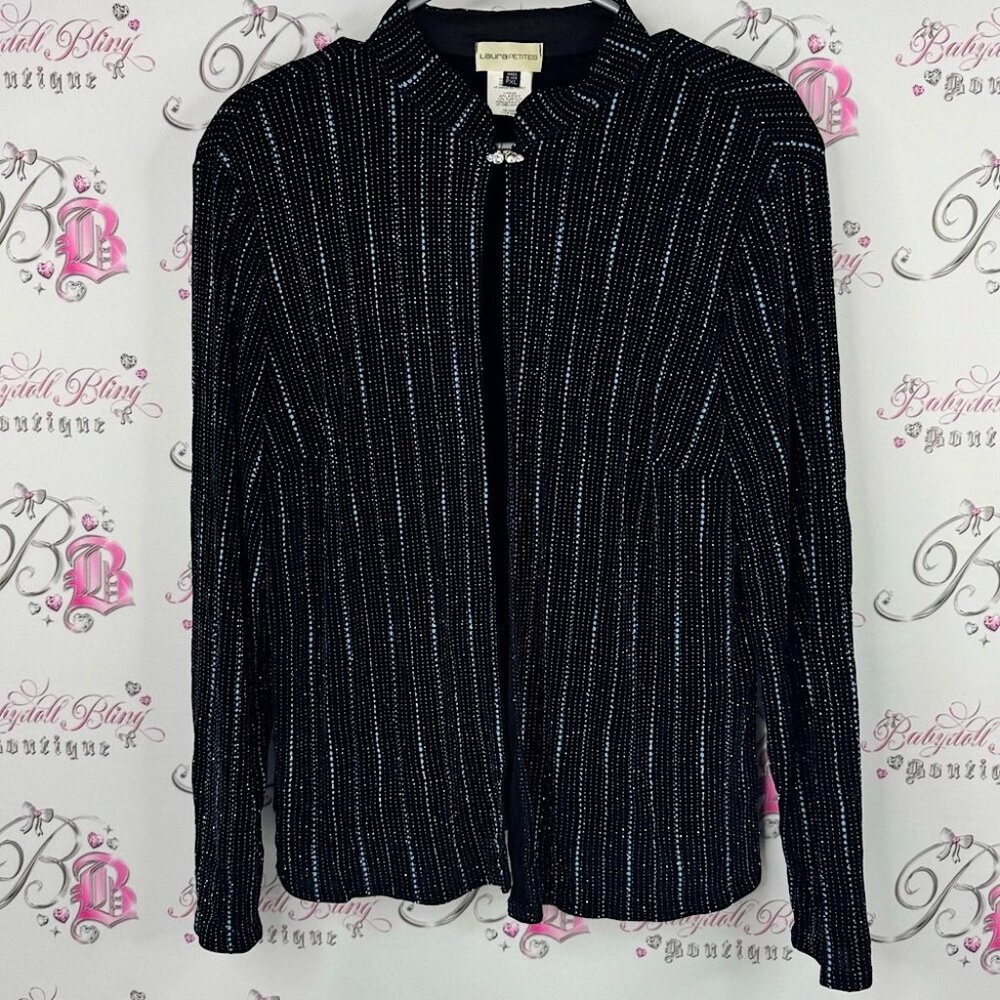 Laura petites sparkly cardigan top Elegant Black and Blue Pinstripe Blazer